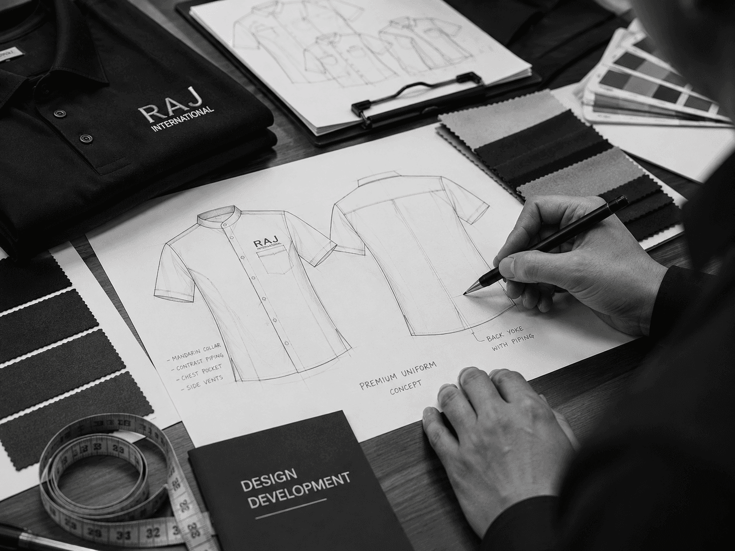 Custom uniform design and development — sketches, fabric references and garment specification planning by Raj International, custom uniform manufacturer in India