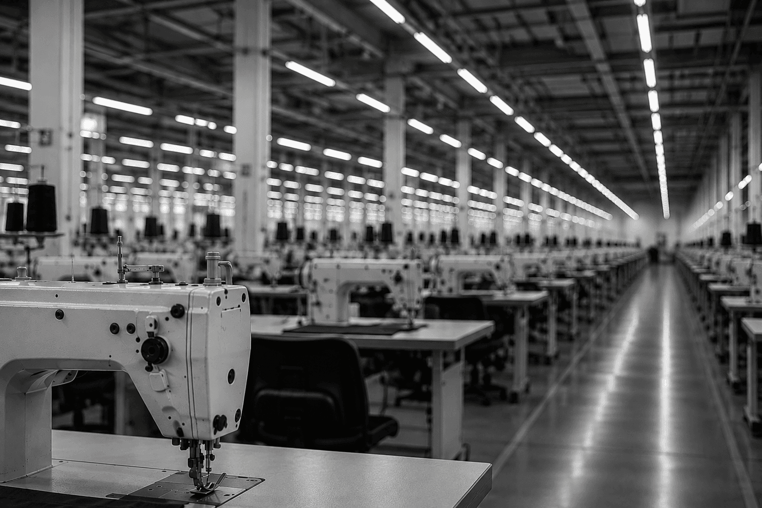 Industrial sewing machines used for bulk uniform stitching at Raj International's production unit