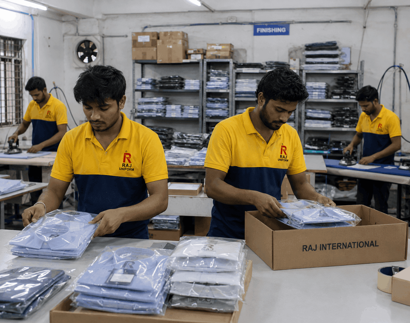 Packed uniform boxes ready for dispatch and bulk delivery to institutional clients