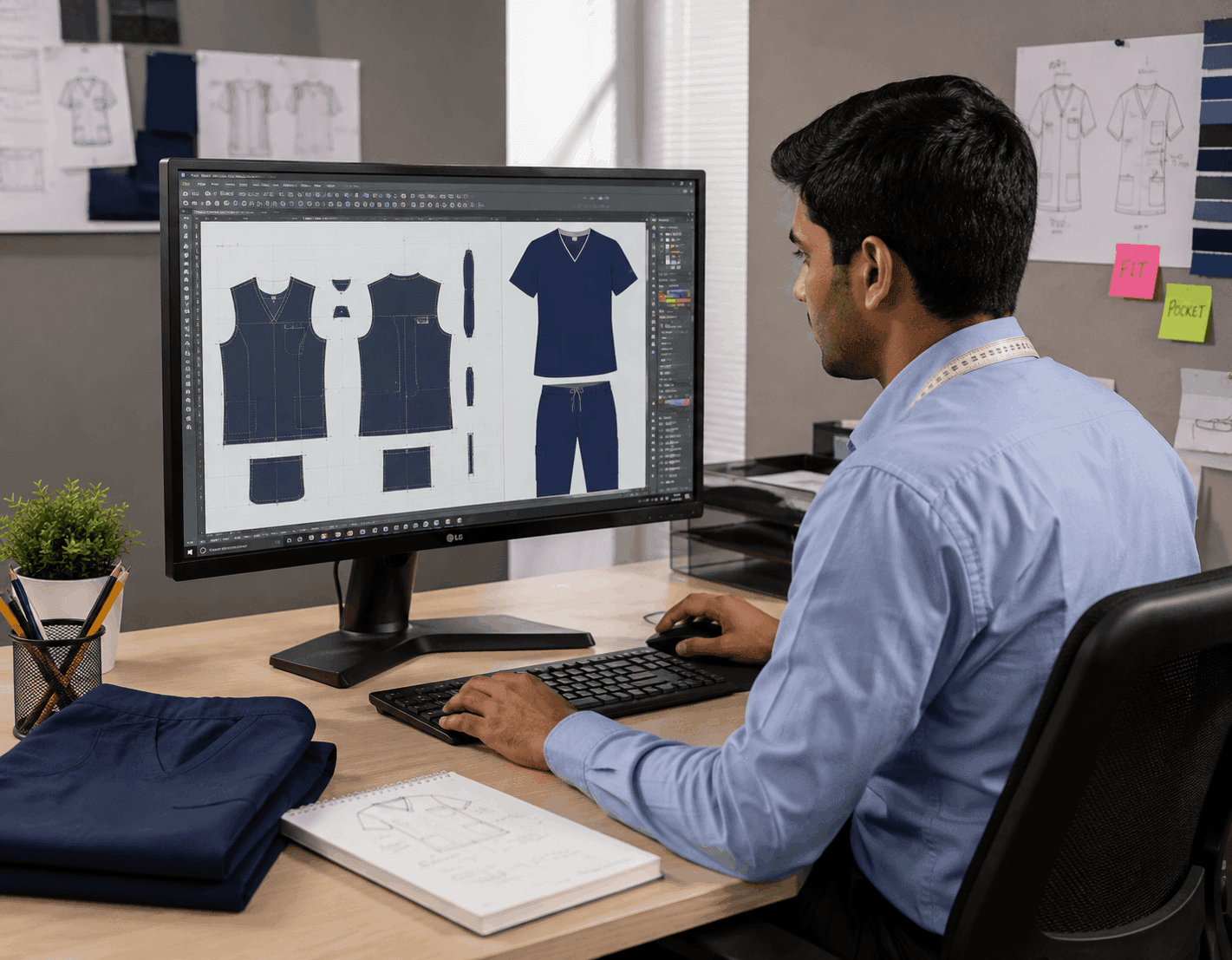 Designer developing custom uniform patterns and sample garments on a mannequin