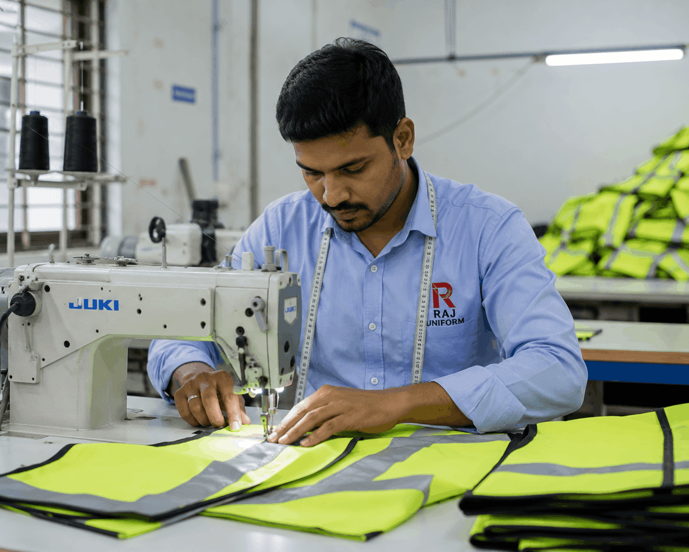 Workers stitching and inspecting uniforms for quality control on the factory floor