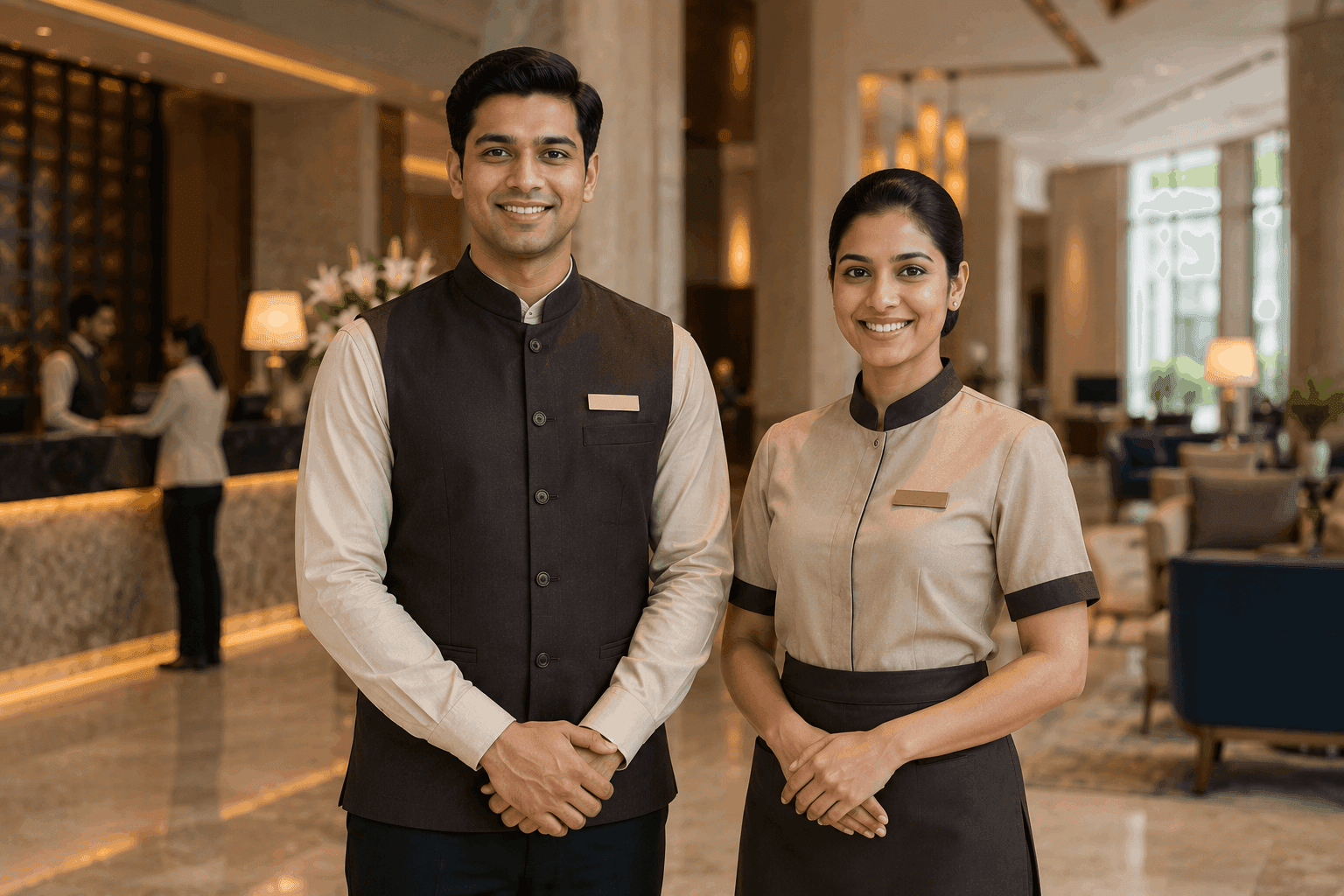 Hotel front-office and hospitality staff wearing custom-branded uniform vests and service attire