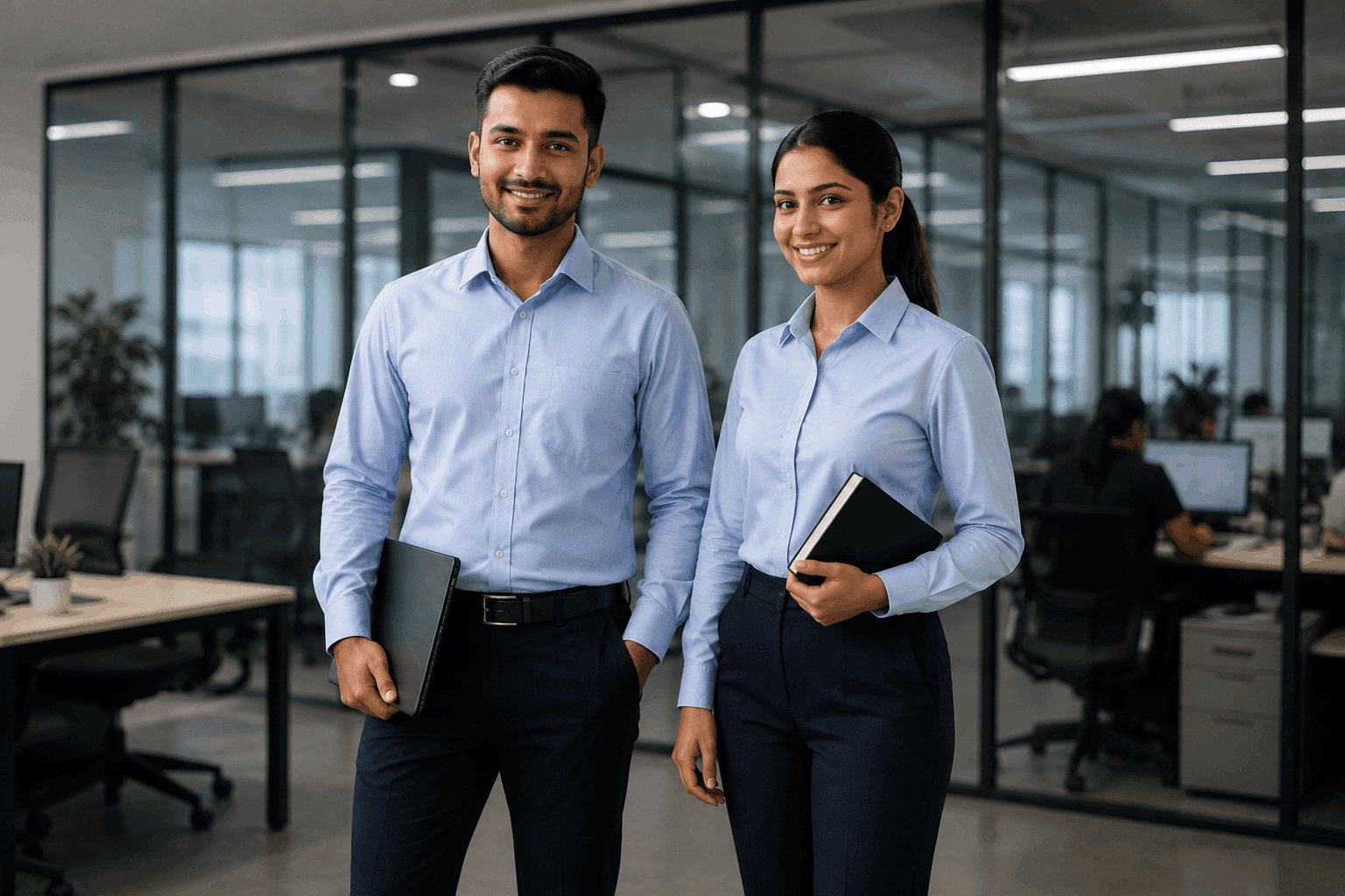 Male and female employees in custom-branded corporate formal shirts and office uniforms