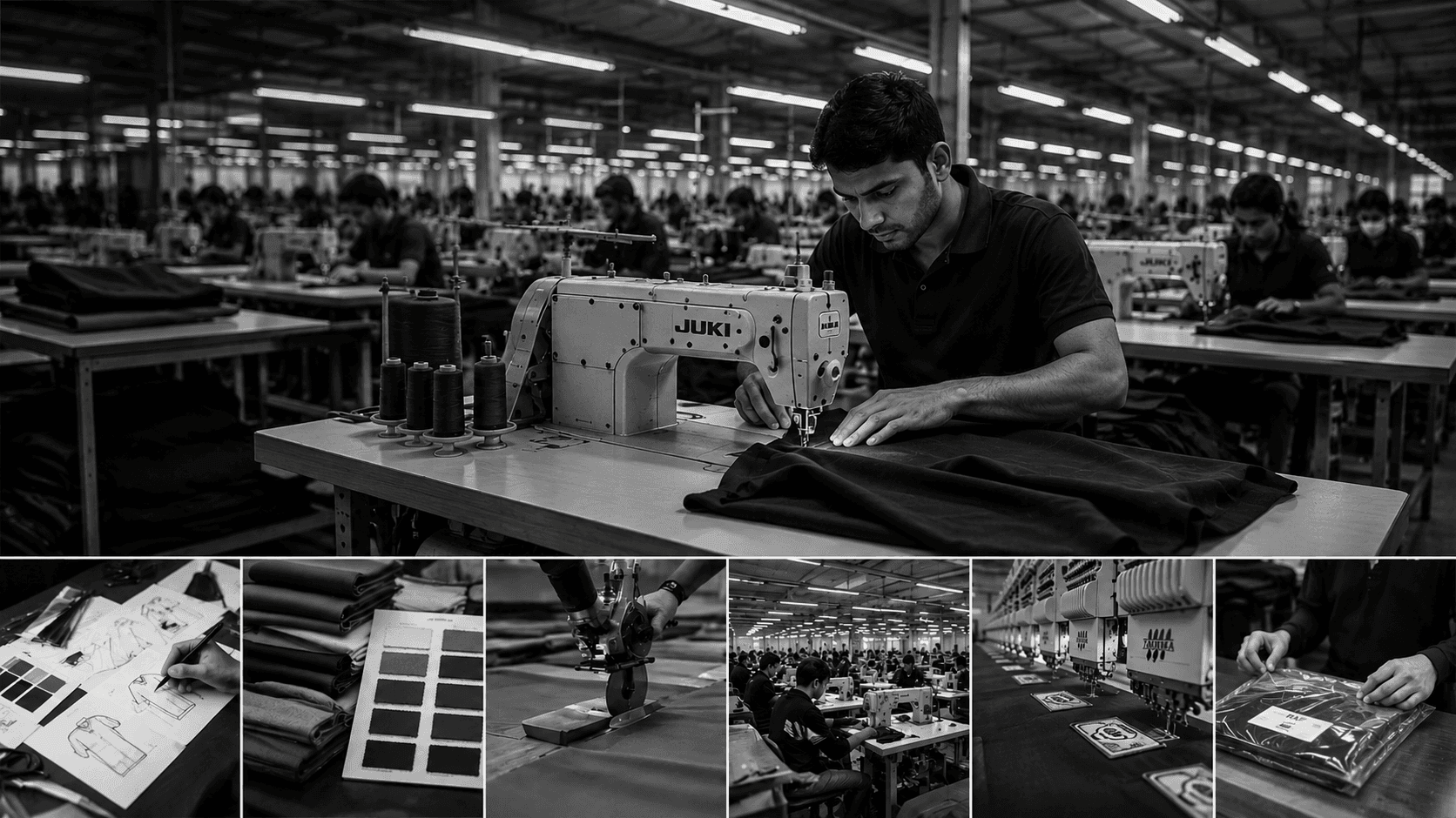End-to-end uniform manufacturing at Raj International — design, fabric, cutting, stitching, embroidery and dispatch