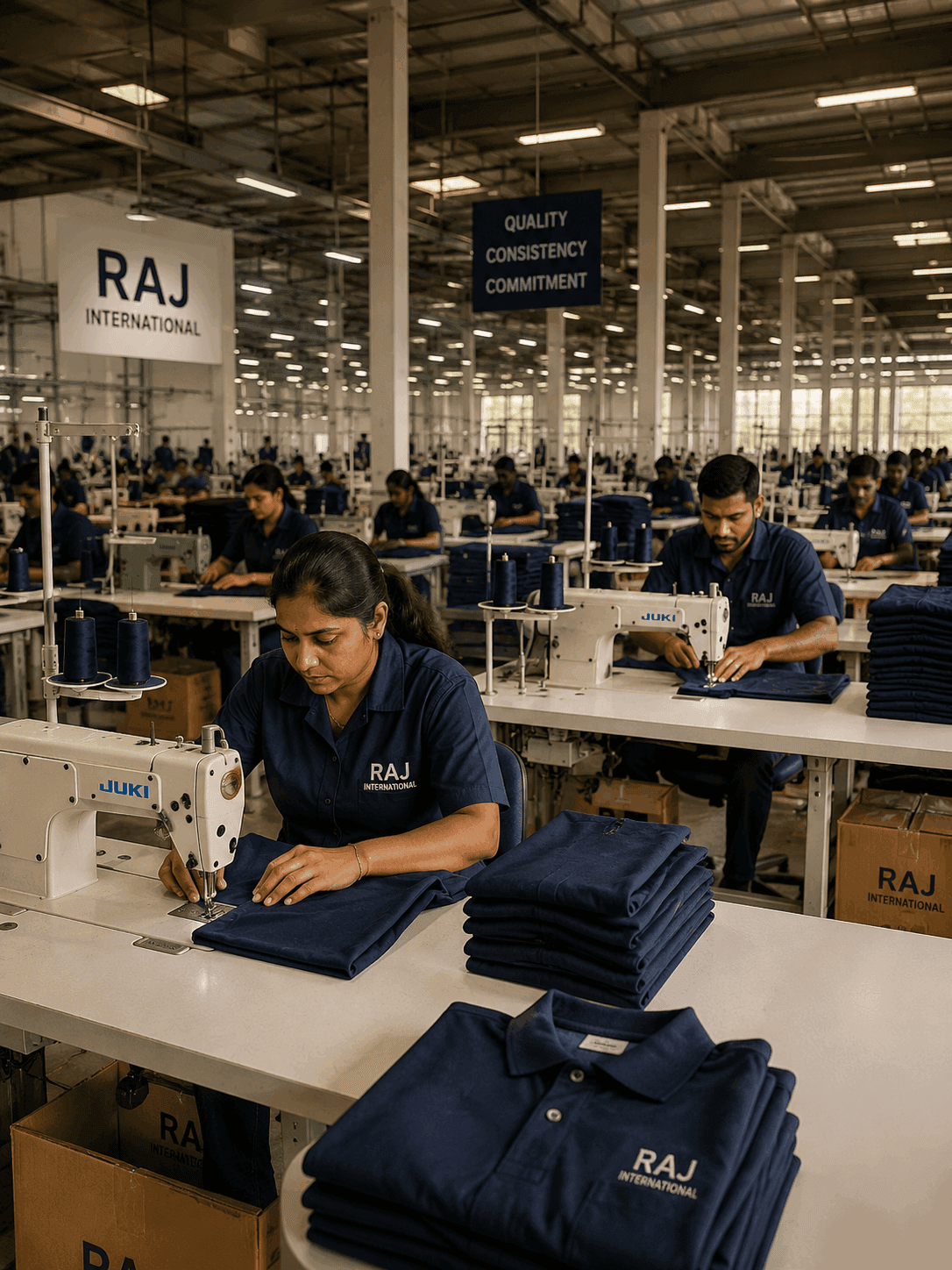 Bulk uniform manufacturing floor at Raj International