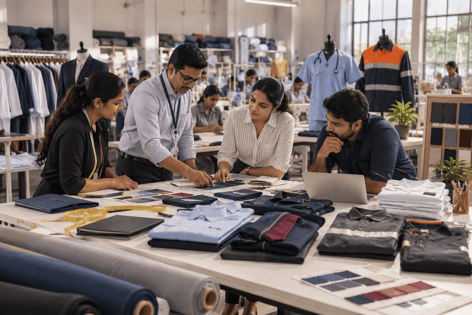 Raj International custom uniform manufacturing team in India